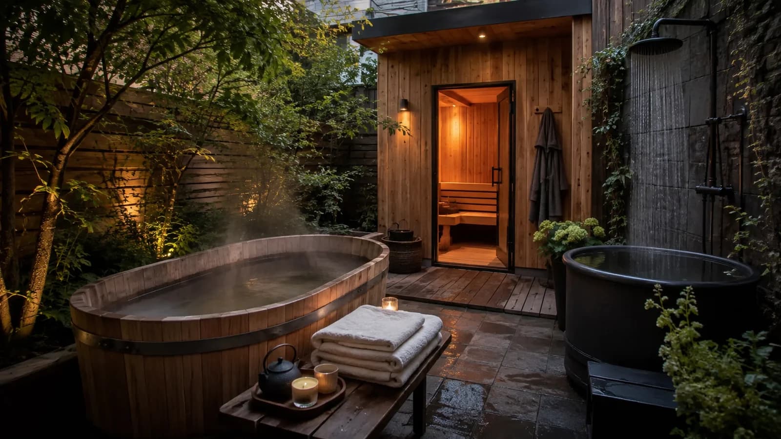 Leafy Gowanus courtyard spa with a cedar sauna, soaking tub, cold plunge, rain shower, towels, and tea