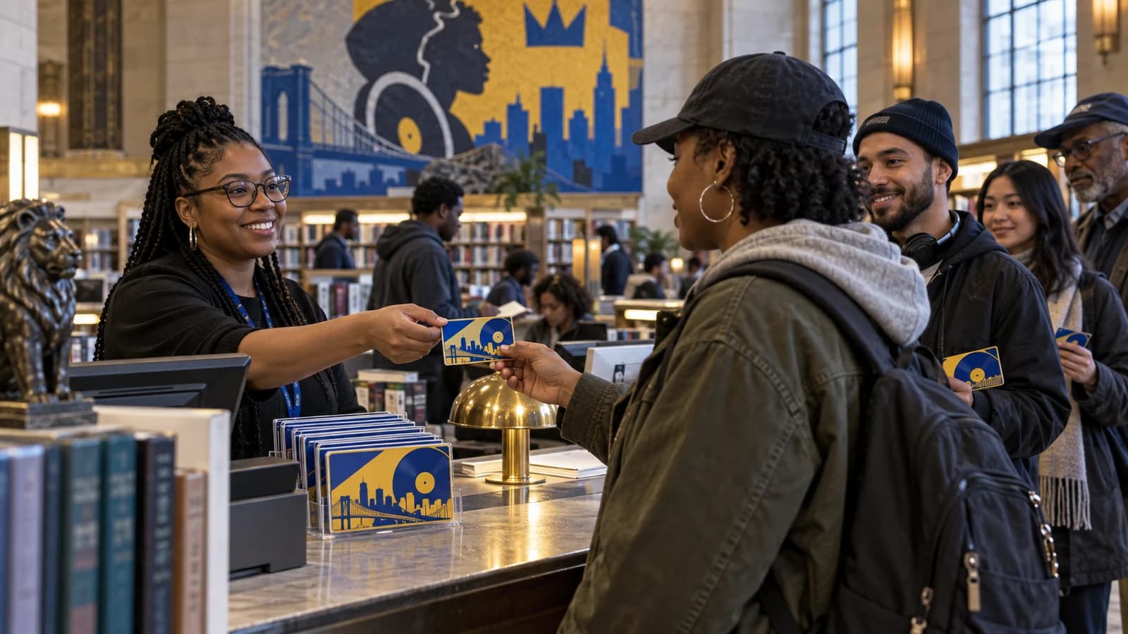 Brooklyn library patrons receiving limited-edition music-themed library cards at a circulation desk