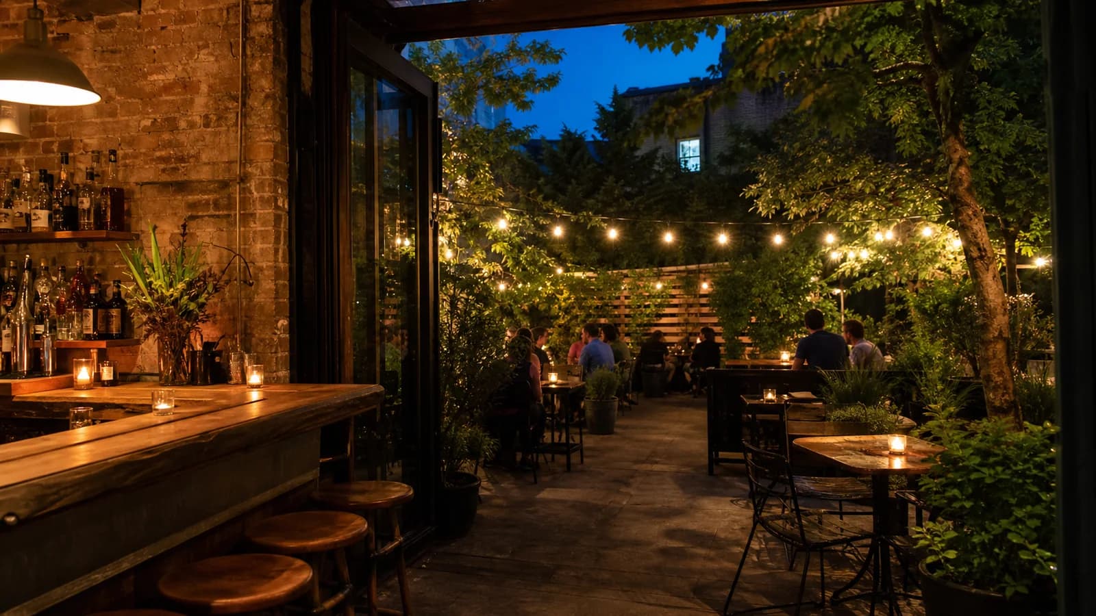 A warmly lit Williamsburg neighborhood bar opening onto a leafy backyard patio at dusk