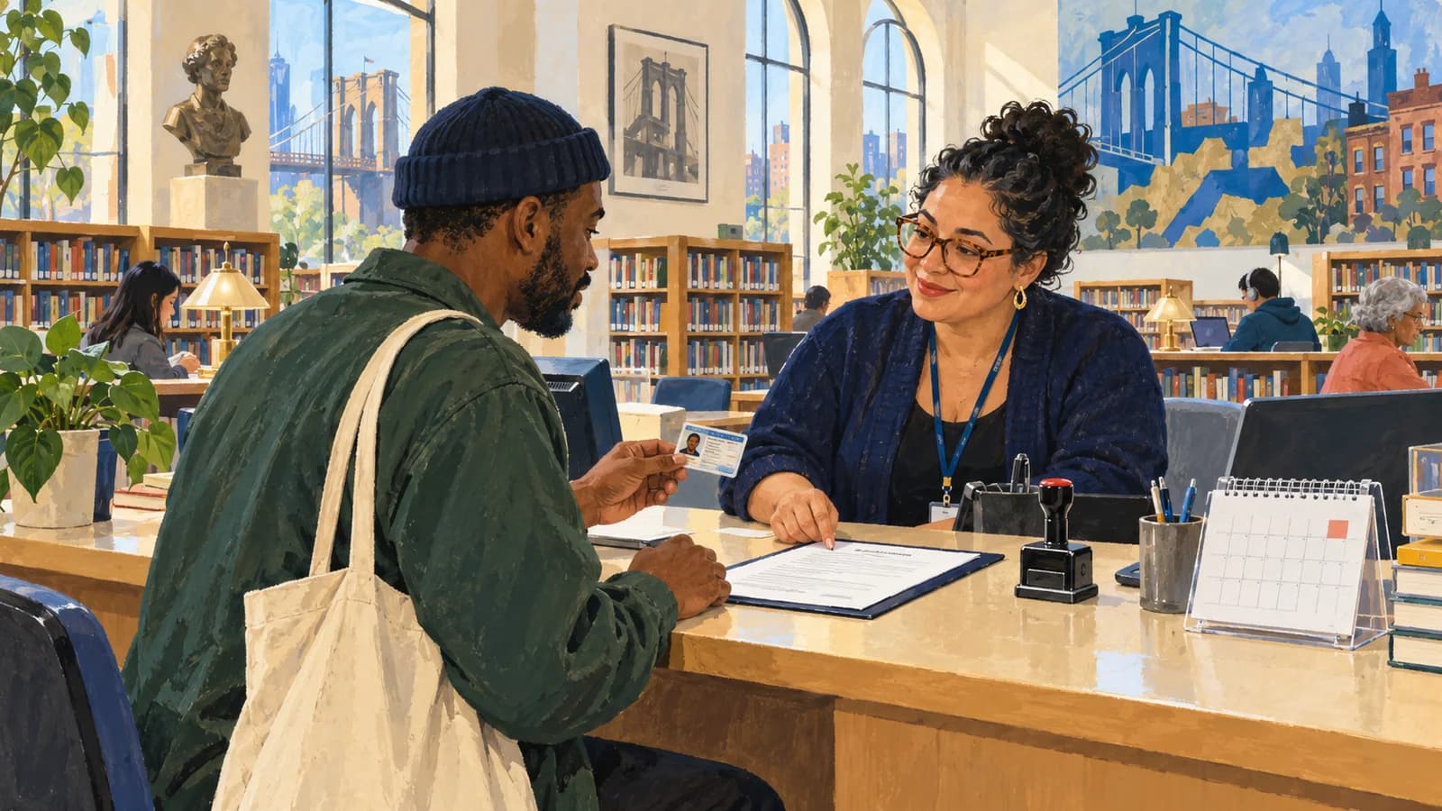 Original editorial illustration of a patron presenting identification and an unsigned document at a Brooklyn library notary desk.