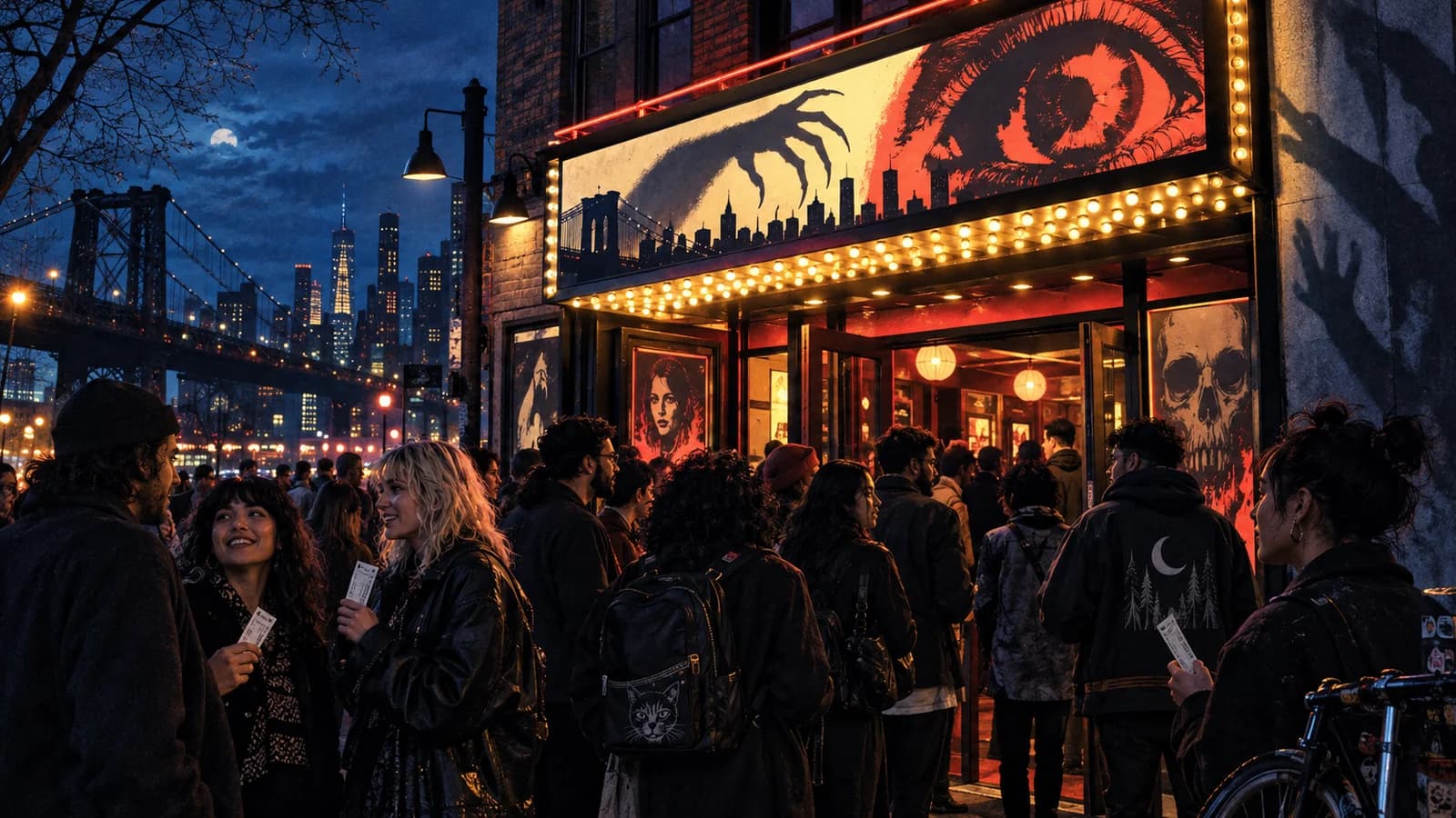 Horror-film fans gathering beneath the glowing marquee of a Brooklyn art-house cinema at night