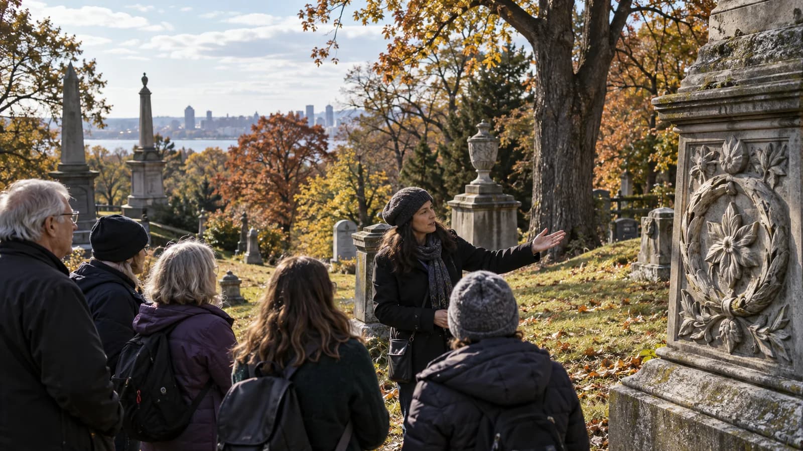 Original editorial scene of a respectful autumn walking tour studying symbolic carvings on historic cemetery monuments