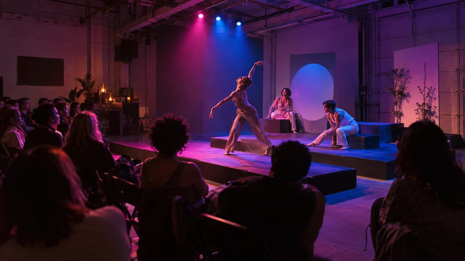 Original editorial image of a contemporary experimental performance before a small audience in a converted Williamsburg garage theater