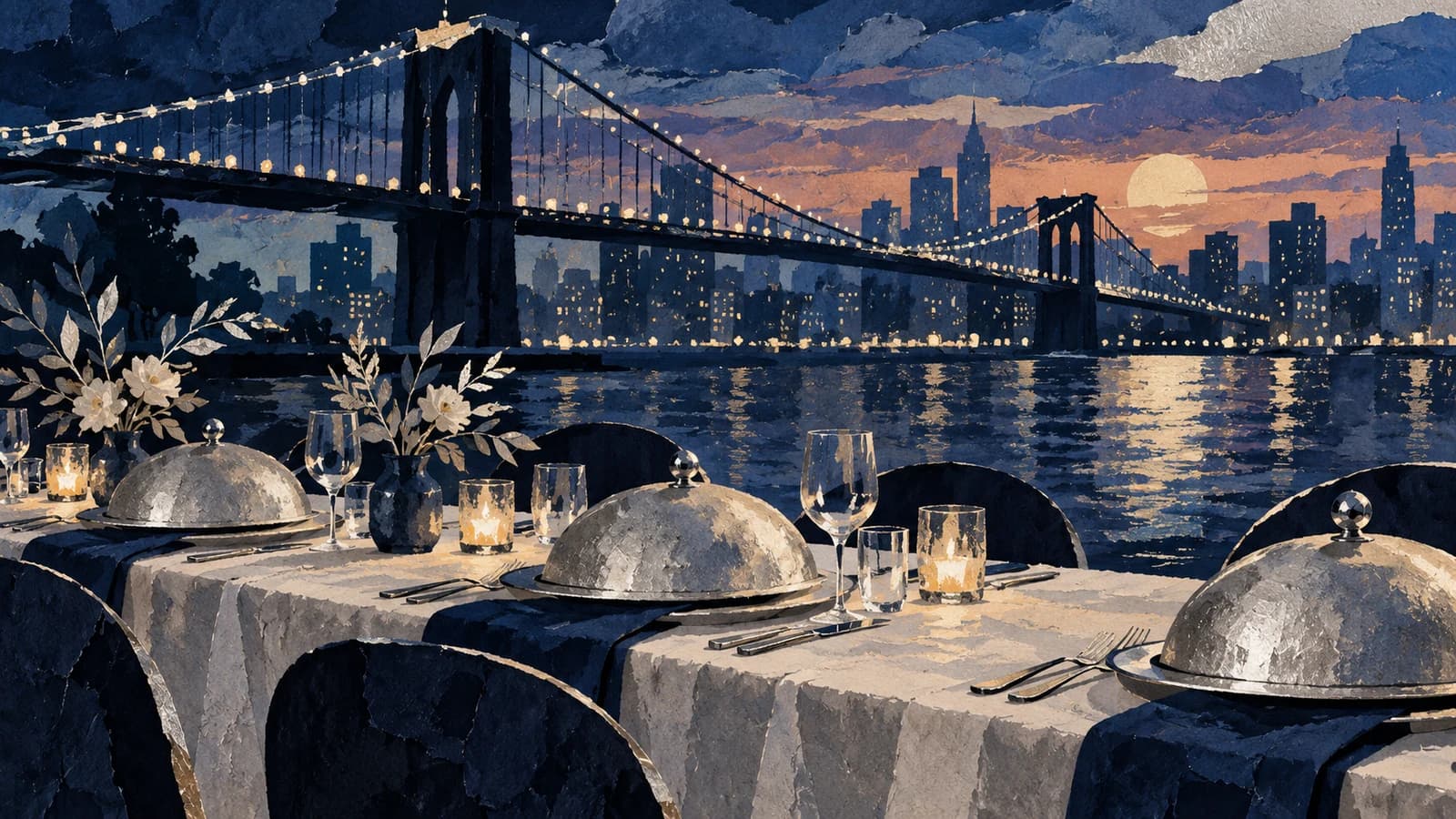 Conceptual editorial illustration for The River Café; not a photograph or documentary depiction of the establishment.