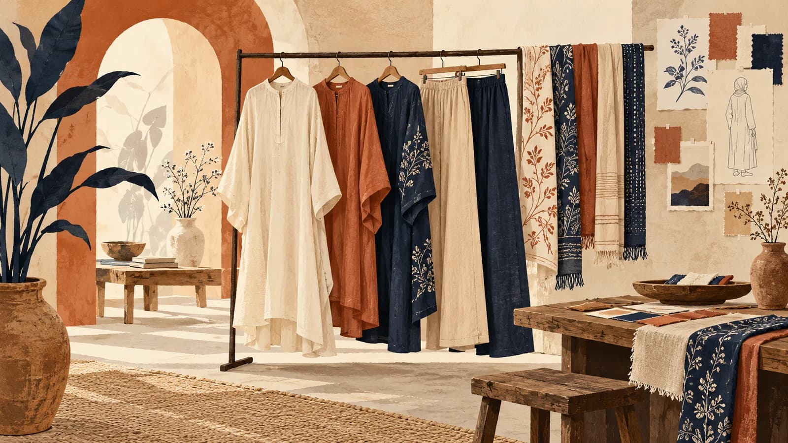 Conceptual editorial illustration: modest clothing and fabric swatches on a studio rack