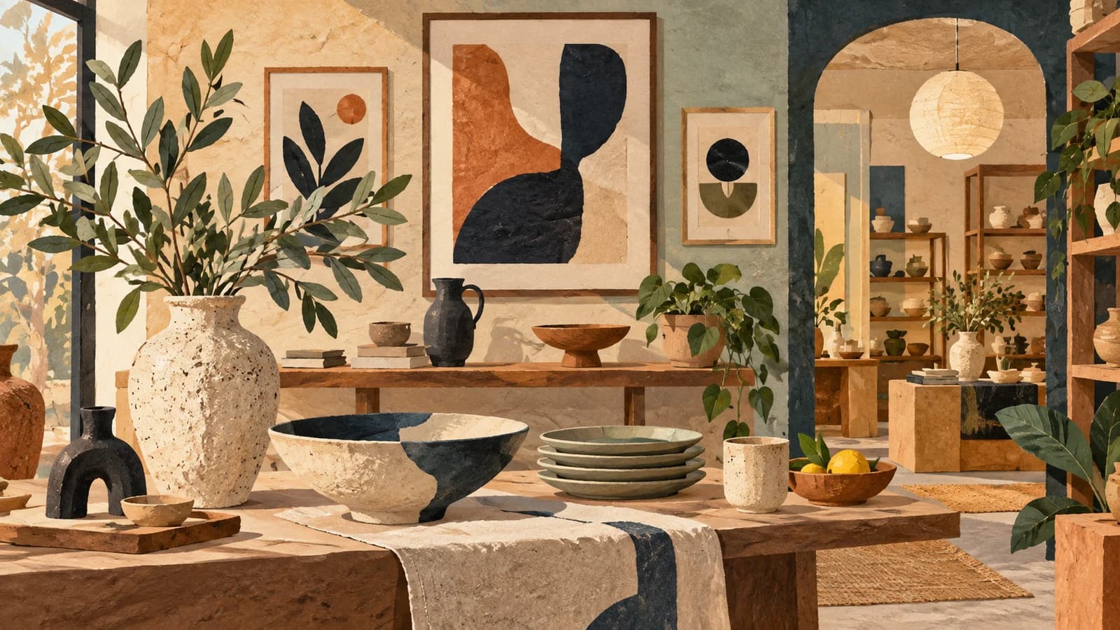 Conceptual editorial illustration for LEIF — Home + Gift; not a documentary depiction of the establishment.