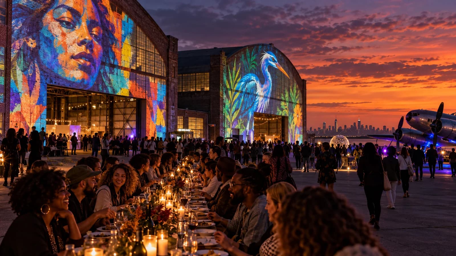 Historic Floyd Bennett Field hangars illuminated by public art beside a long community dinner table
