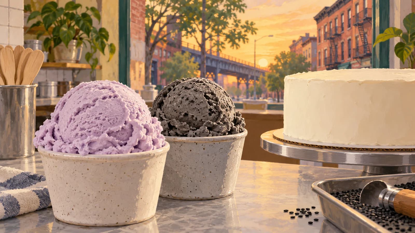 Conceptual editorial illustration of ice cream shop planning in Brooklyn; not a documentary depiction of the venue.