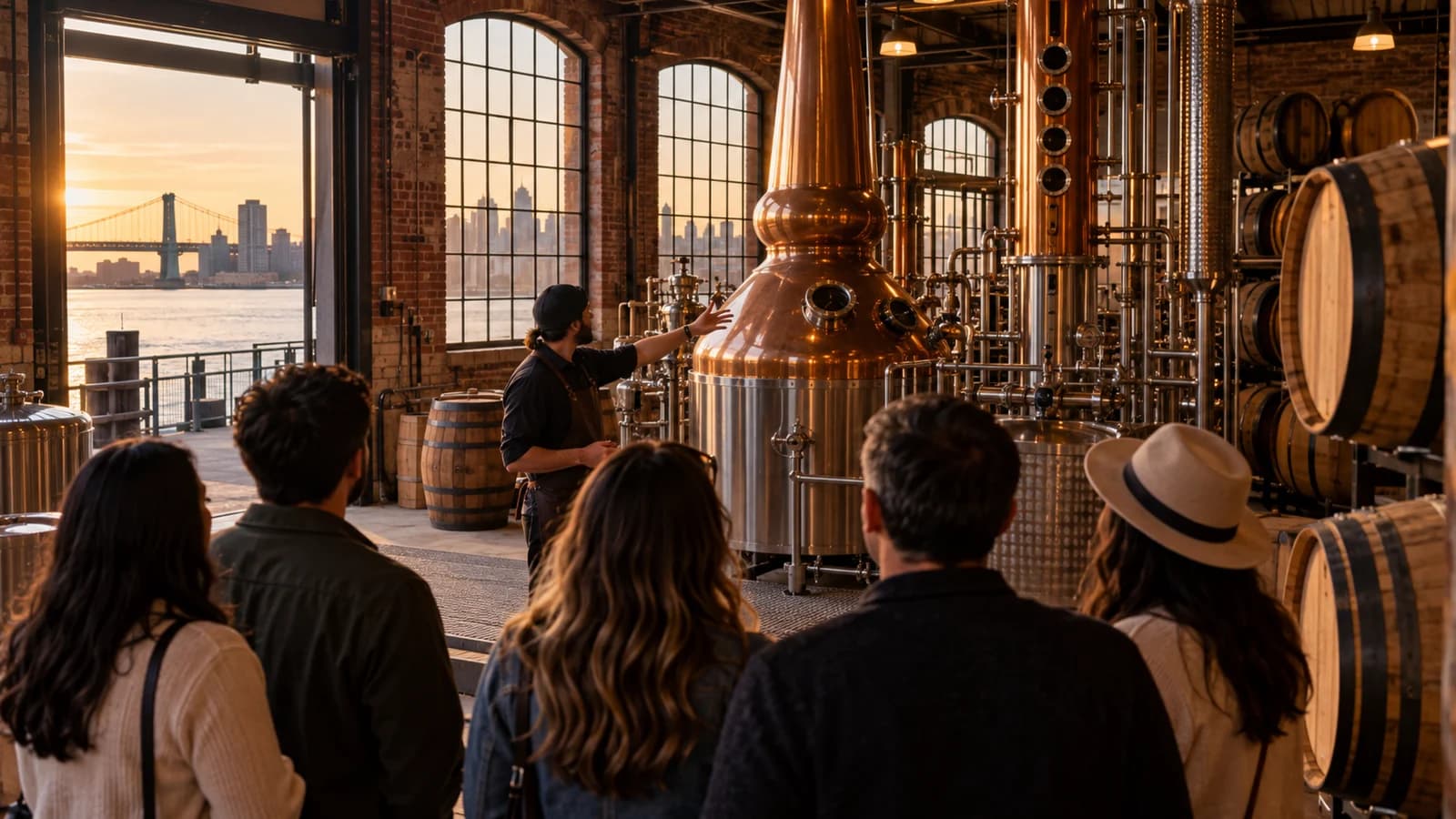 Original editorial illustration of adults learning about copper stills during a Brooklyn distillery tour