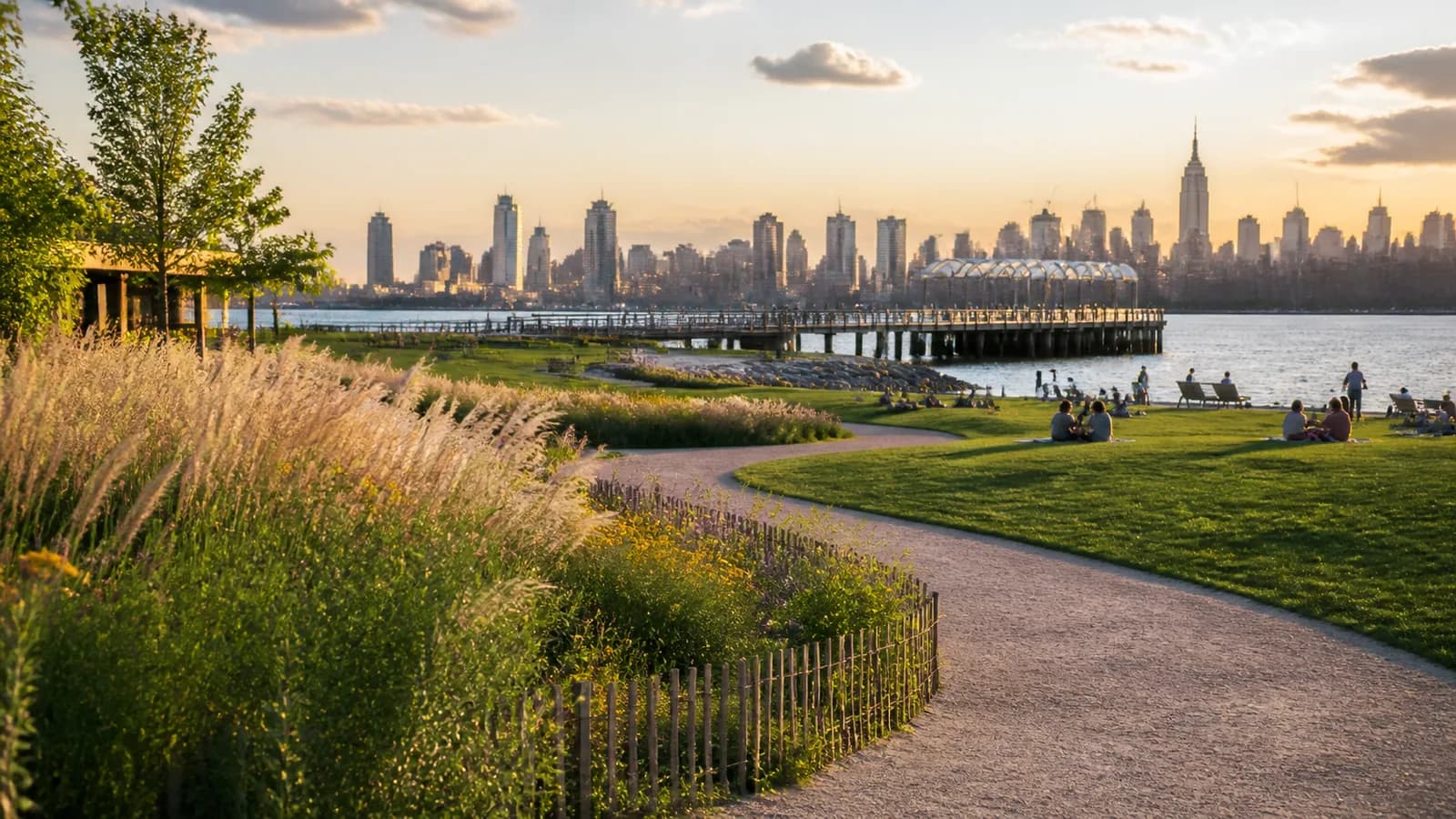 Greenpoint waterfront lawn, pier, native plantings, and Manhattan skyline at sunset
