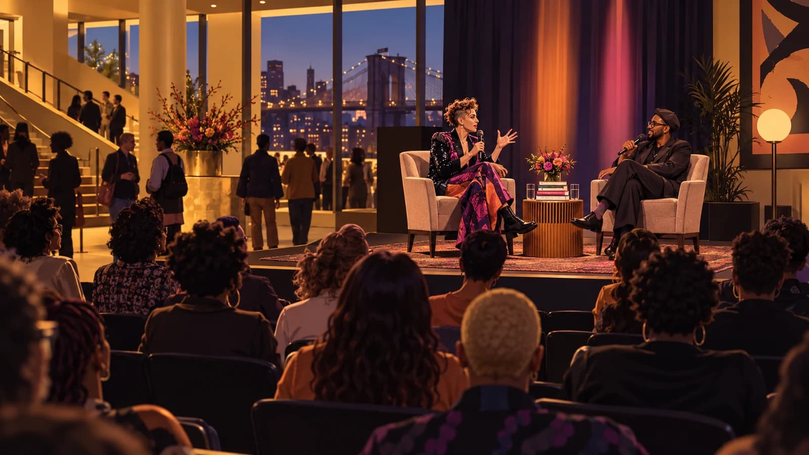 Illustration of two speakers in conversation on a warm Brooklyn arts stage before an attentive audience.