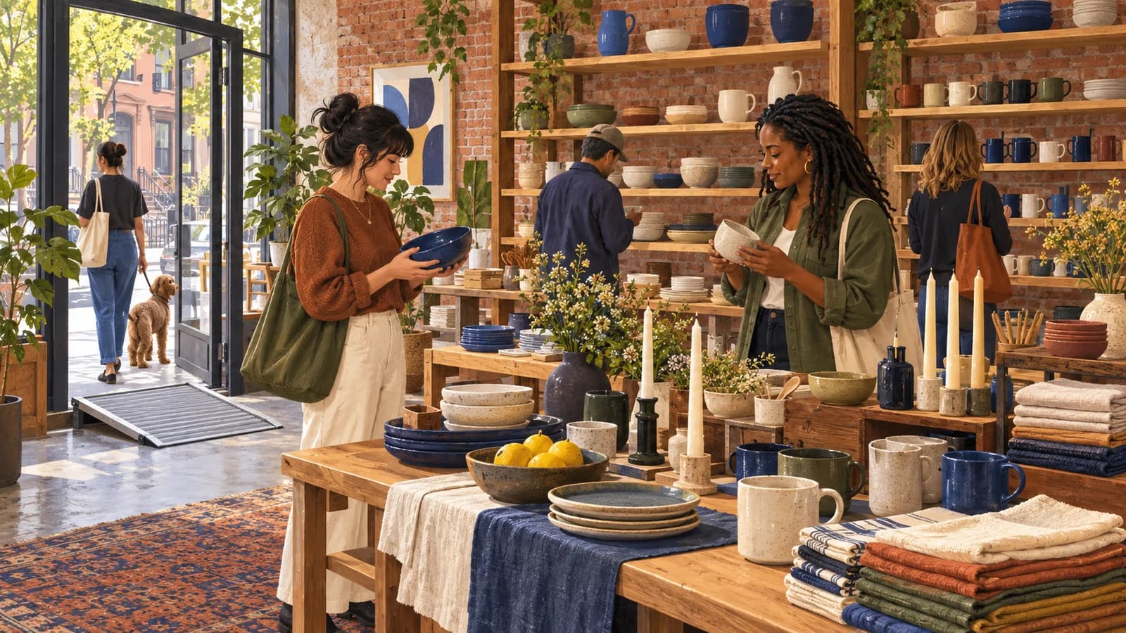 Original editorial illustration of a Boerum Hill homewares shop with ceramic mugs, bowls, plates, linens and a portable ramp near the door.