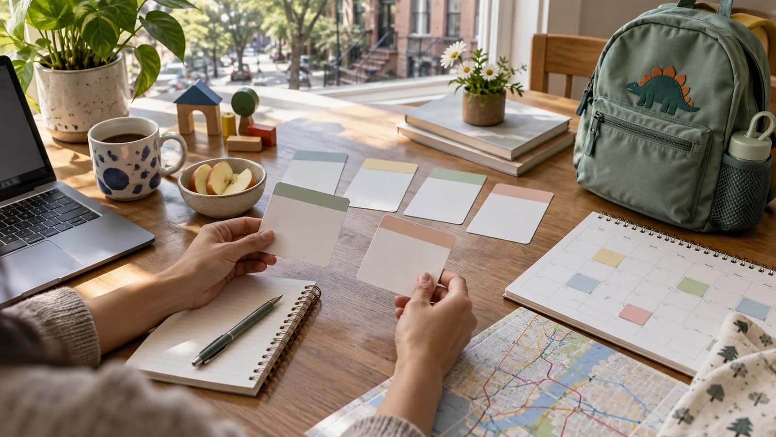 Caregiver comparing blank preschool program cards beside a calendar, map and small backpack at a Brooklyn home table