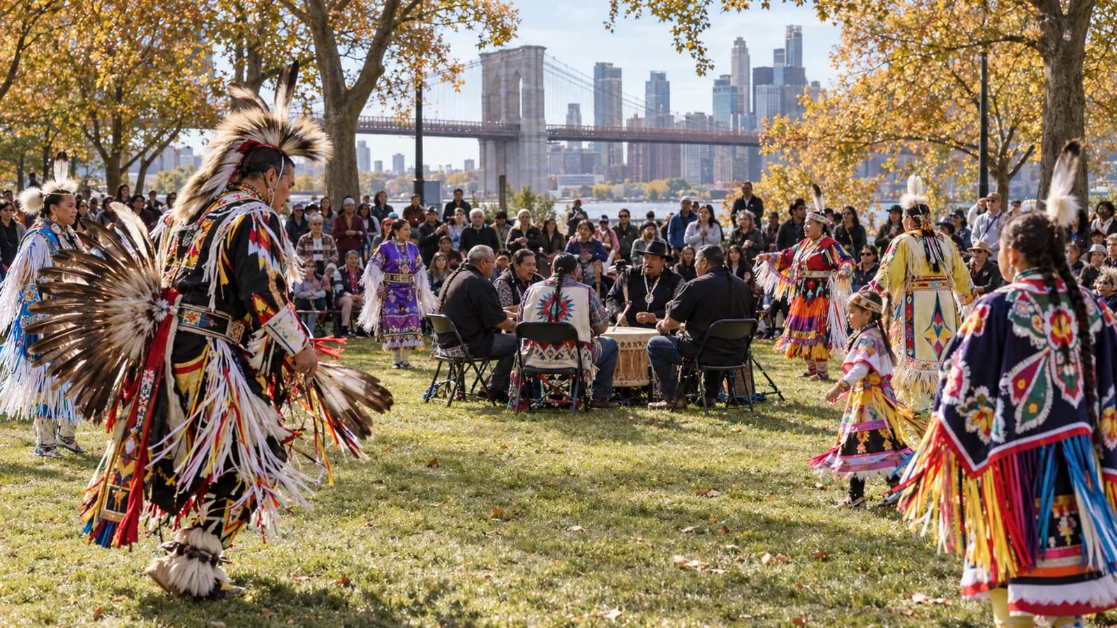 Original respectful editorial scene of an Indigenous dance circle, drum group and multigenerational audience in an autumn park