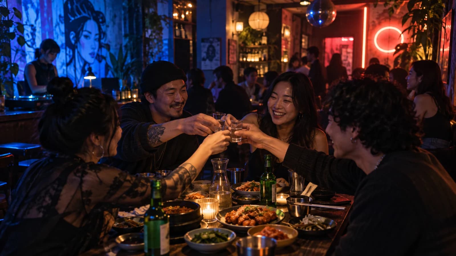 Friends sharing soju and Korean American bar snacks in a lively Bushwick bar