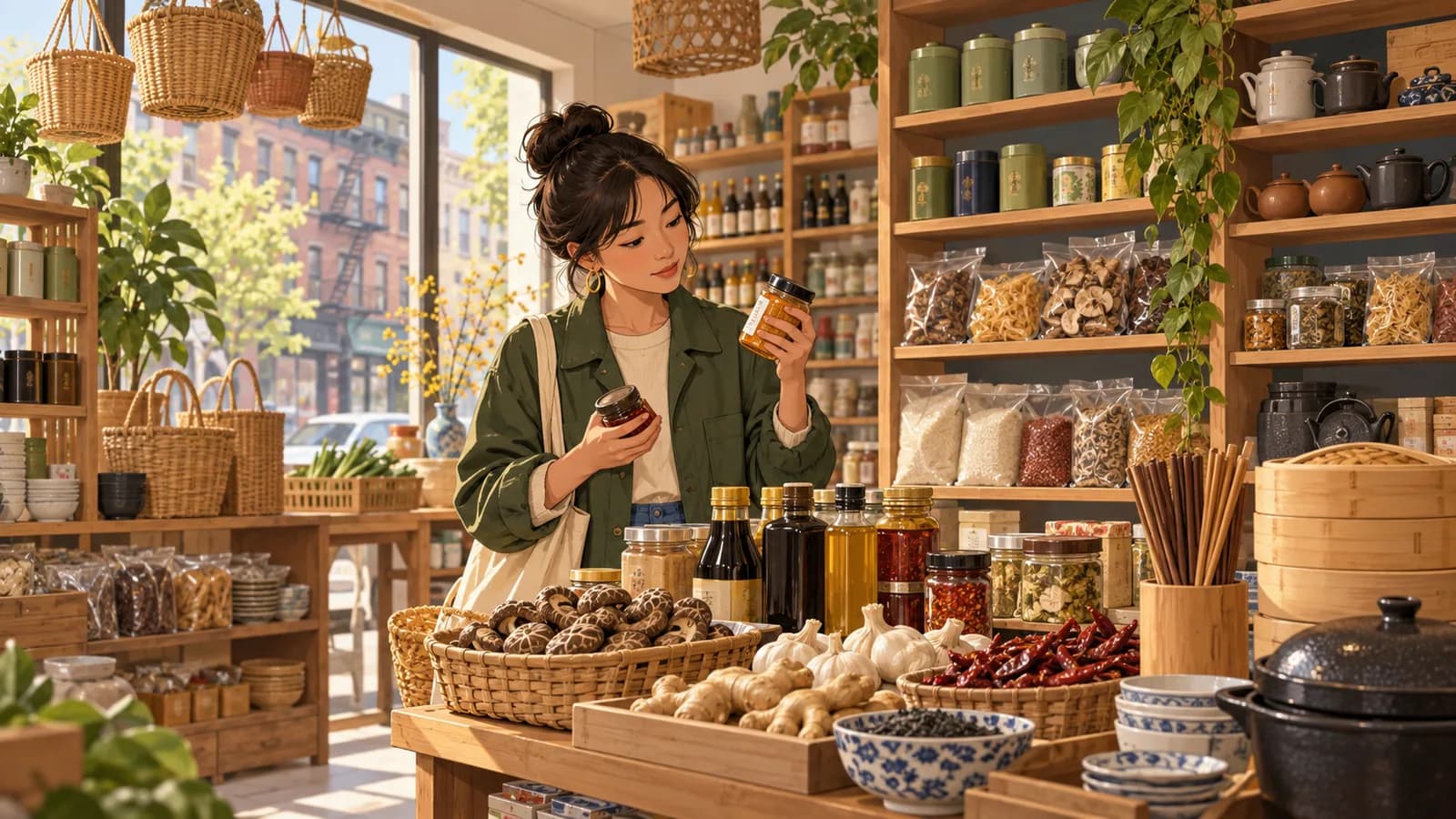 An illustrated East Williamsburg specialty pantry with sauces, rice, tea tins, cookware and a shopper comparing jars.