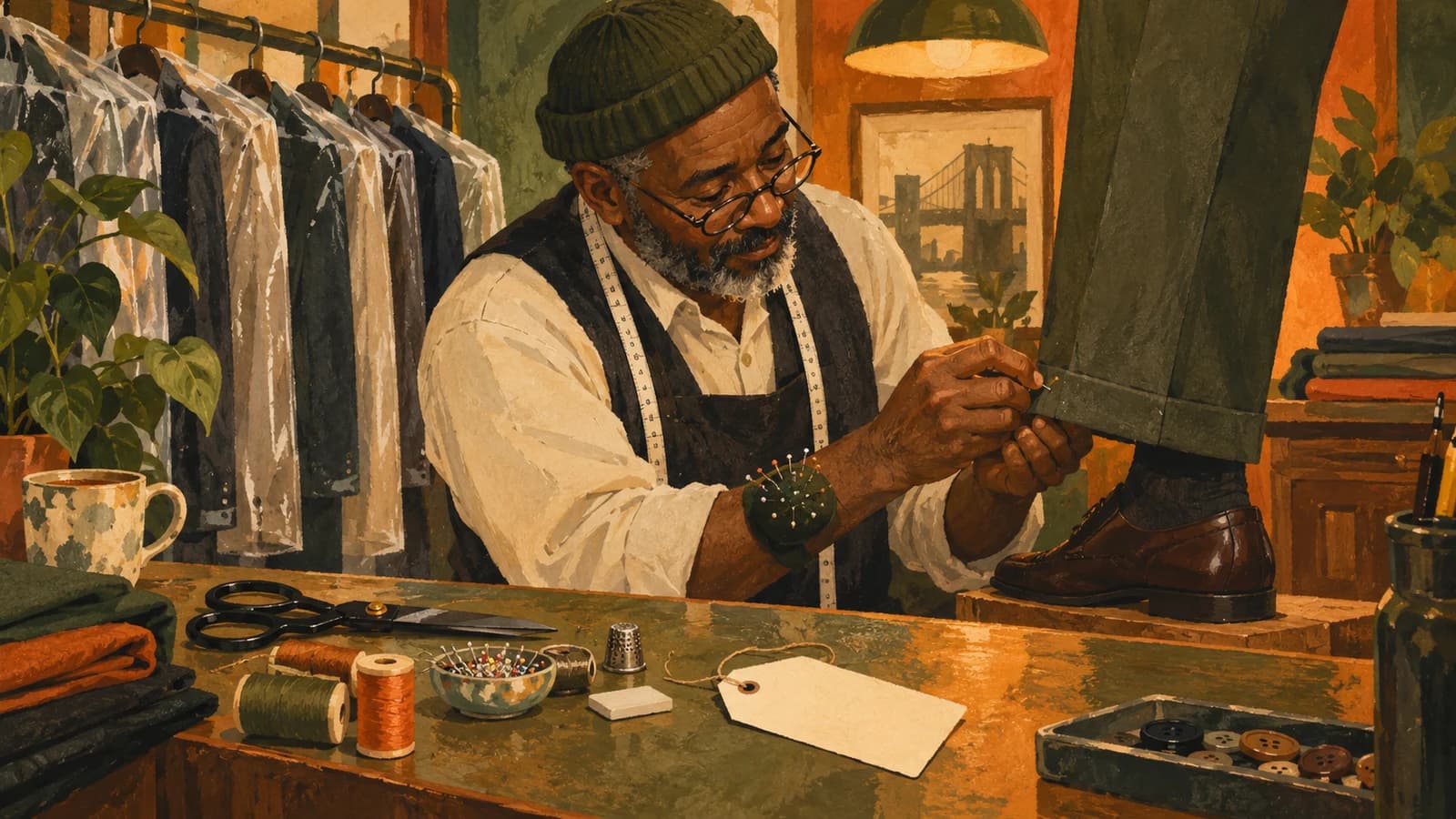 Conceptual editorial illustration for Park Cleaners & Tailors; not a documentary depiction of the venue or event.