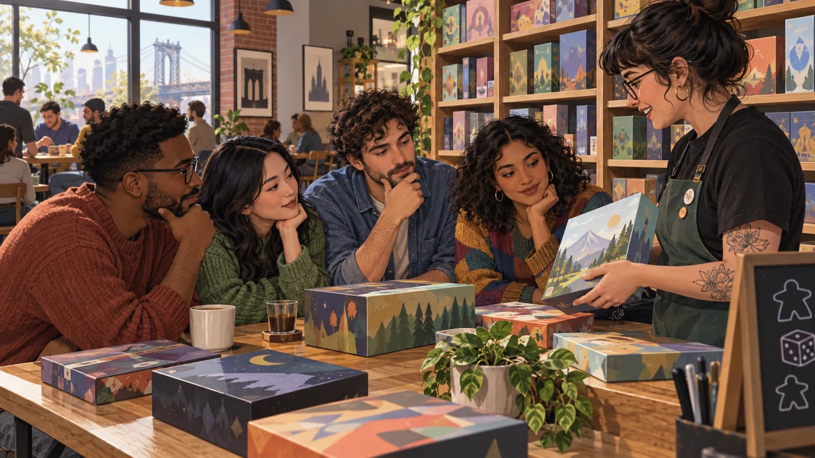 Original editorial scene of friends choosing a game with staff help at a Brooklyn tabletop café