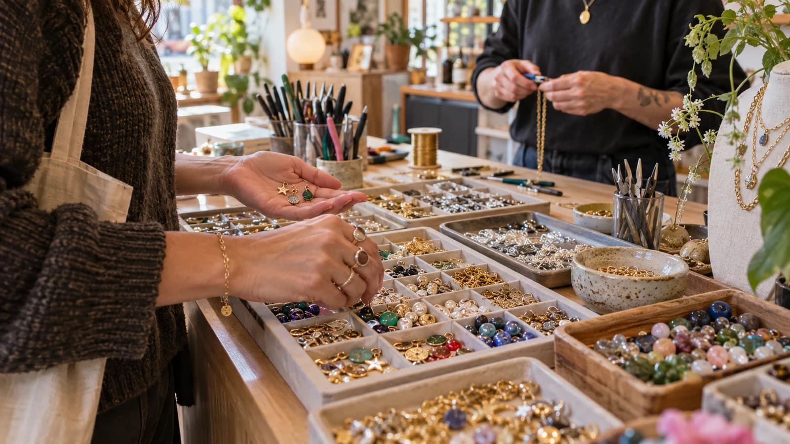 Original editorial scene of a shopper choosing charms and chain at a bright custom jewelry counter