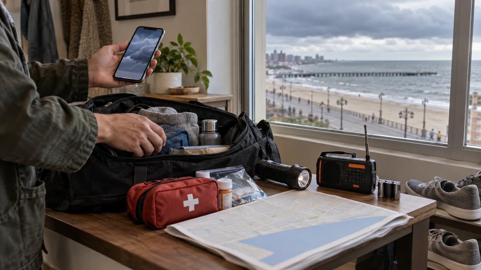 Calm Brighton Beach coastal storm preparation scene with go-bag, flashlight, radio, medicine pouch and blank evacuation map