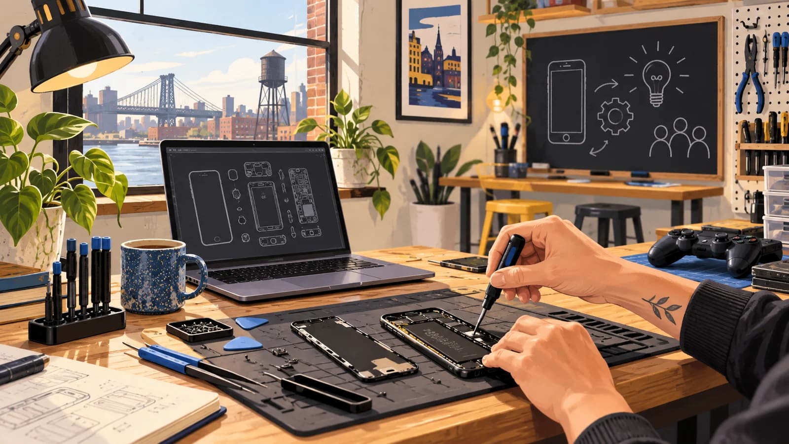 Illustrated Greenpoint repair bench with a phone, laptop, game controller, tools and a small tech-training board.