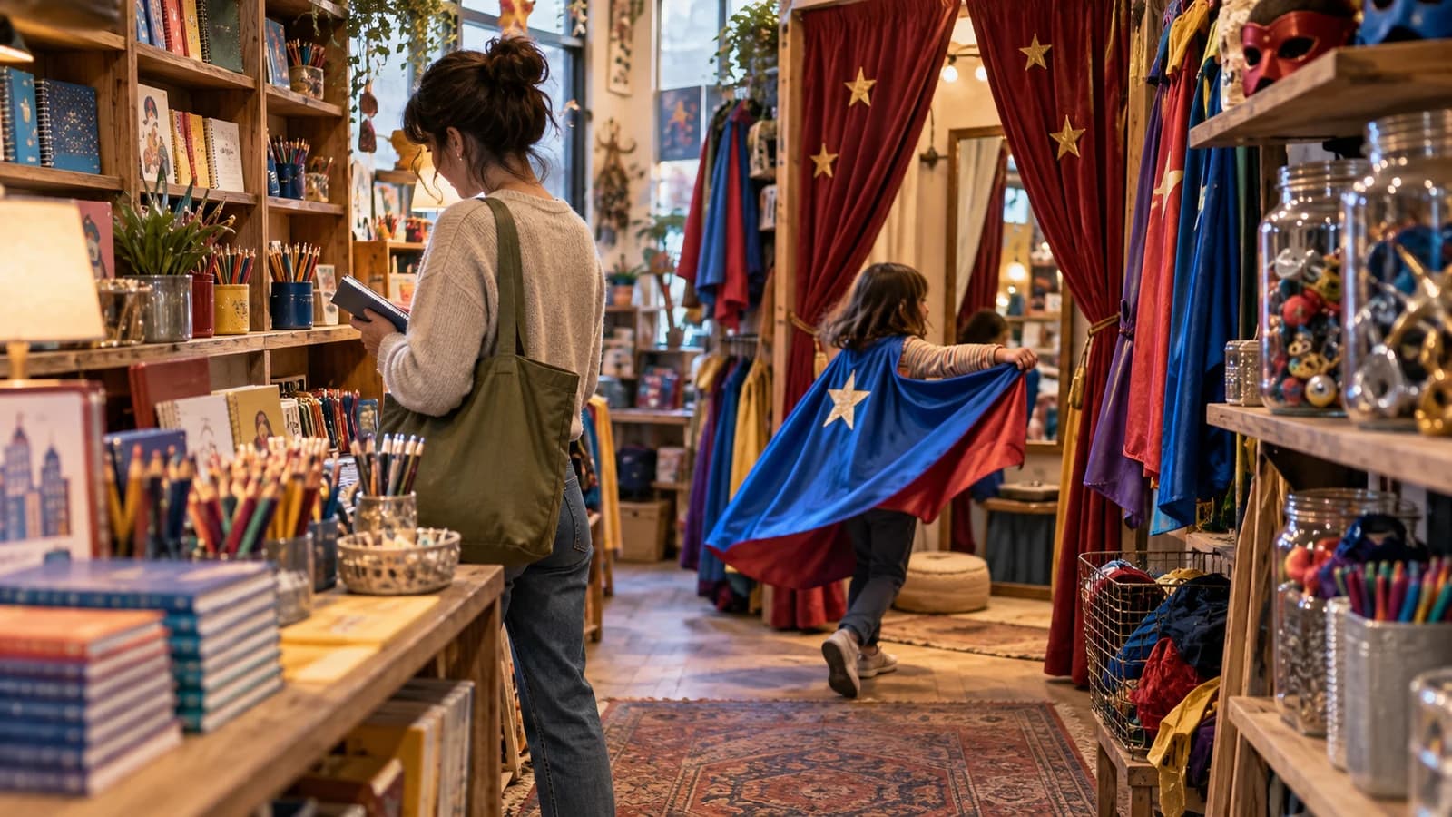 Original editorial image of a family browsing capes and writing supplies in a whimsical Park Slope shop