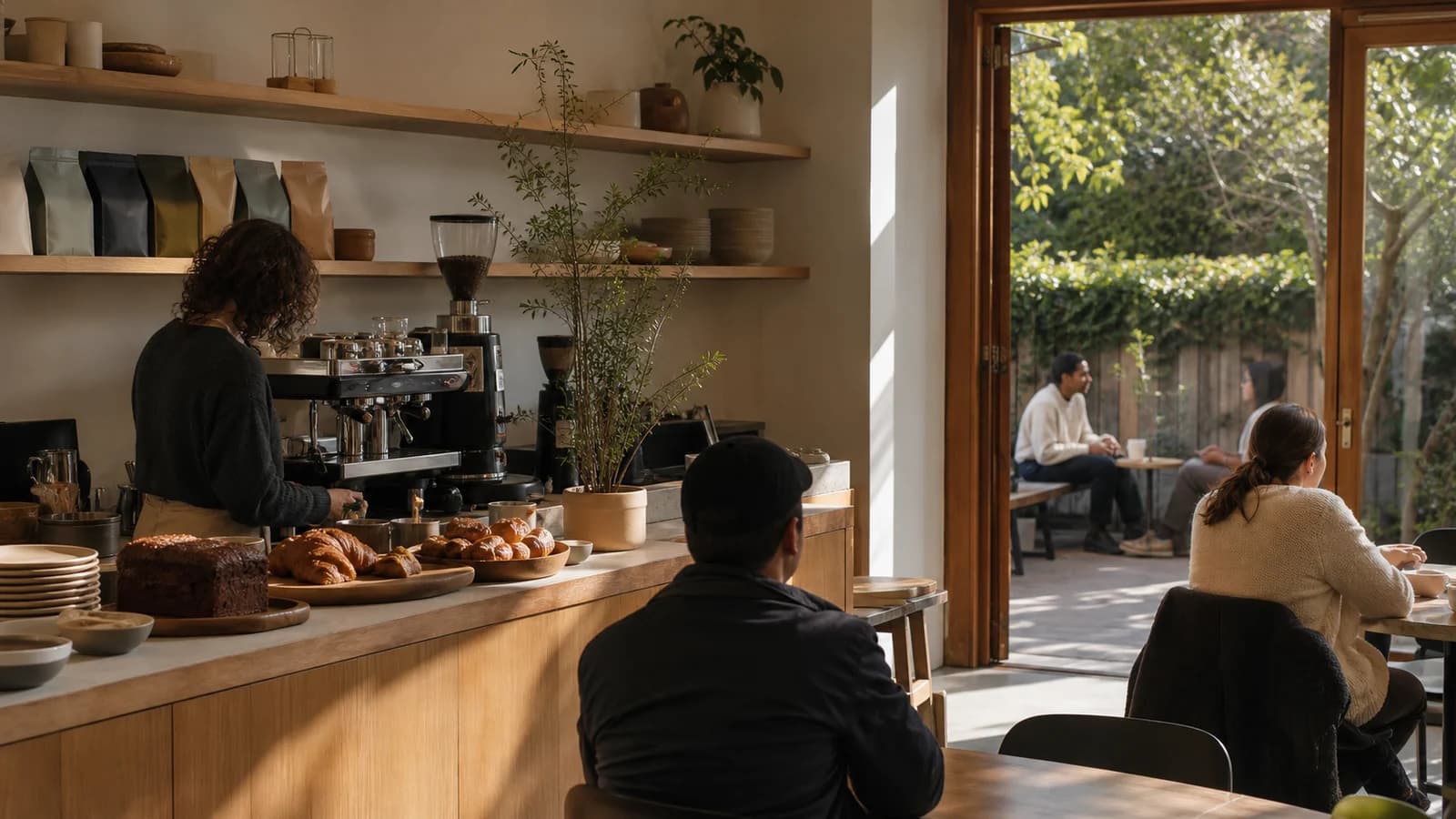 Sunlit independent Brooklyn coffee shop with espresso bar, pastries, and a leafy rear patio