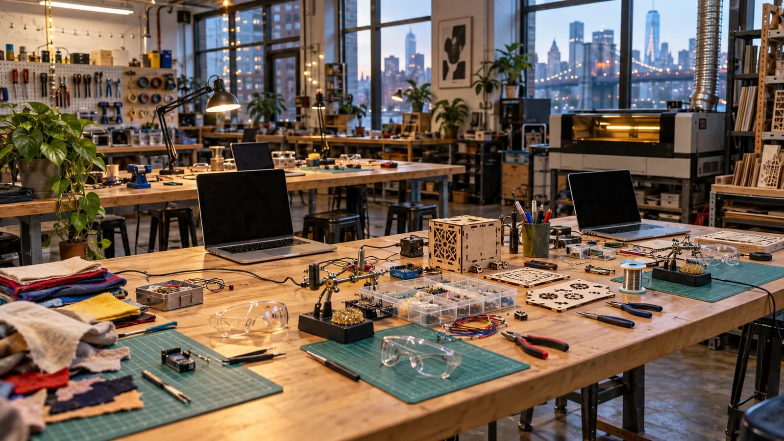 A Brooklyn maker workshop with electronics tools, laptops, safety glasses, fabric and laser-cut project pieces on workbenches.