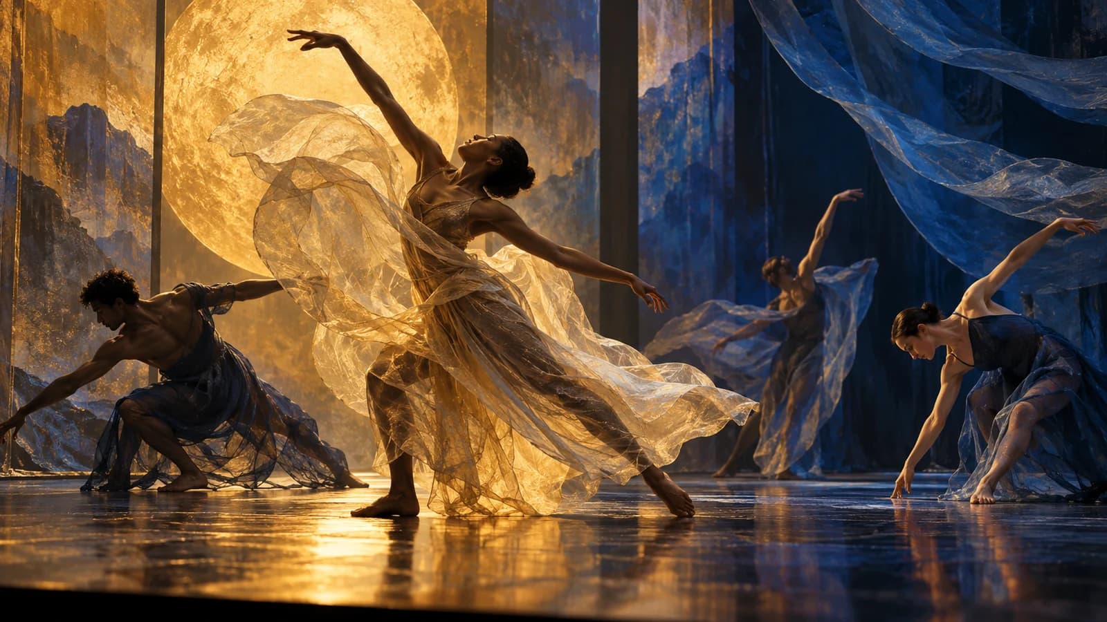 Conceptual editorial illustration of contemporary dance and theater; not a depiction of the actual adaku production.