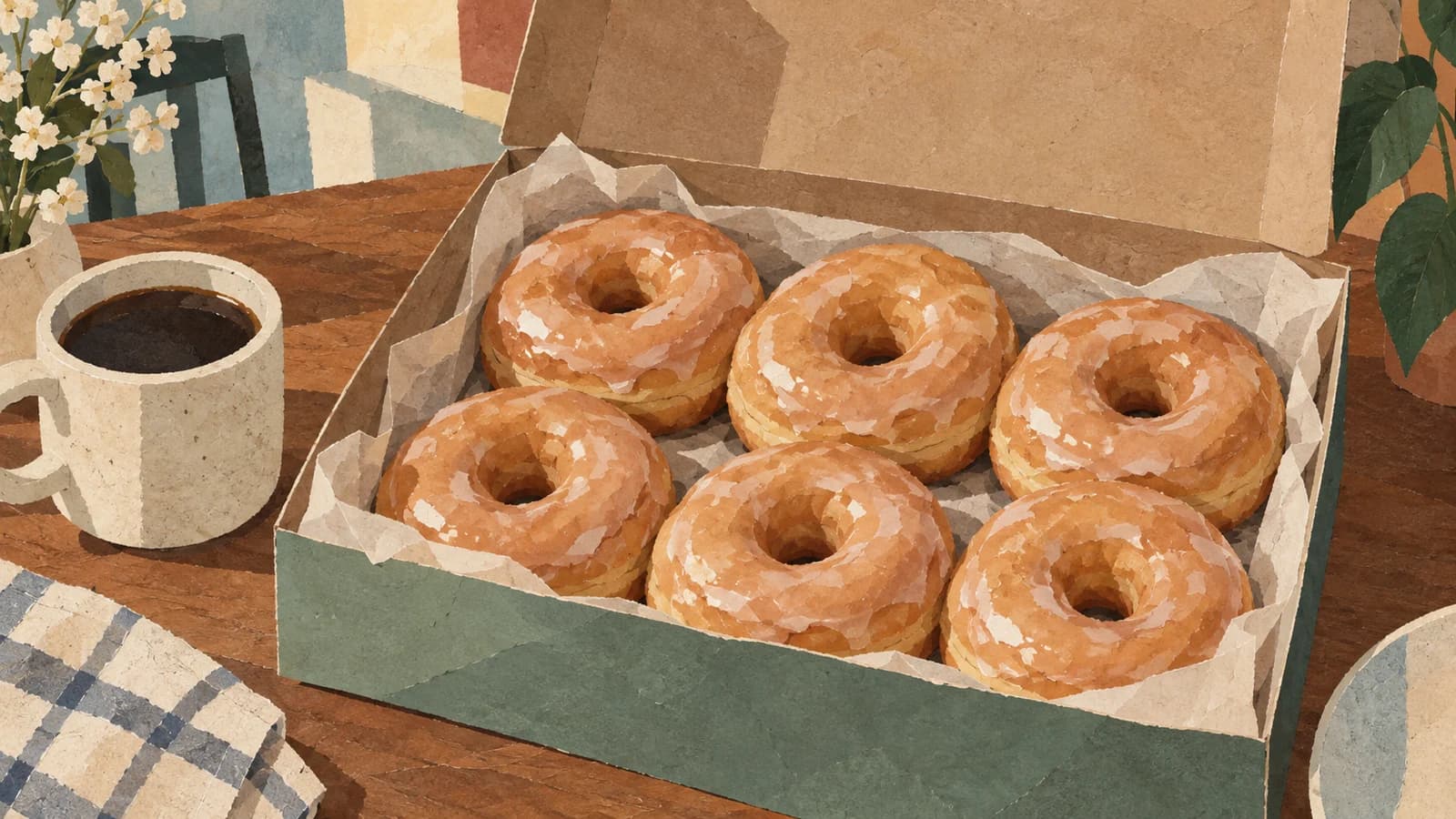 Conceptual editorial illustration for Dough Doughnuts — Brooklyn; not a documentary depiction of the establishment.
