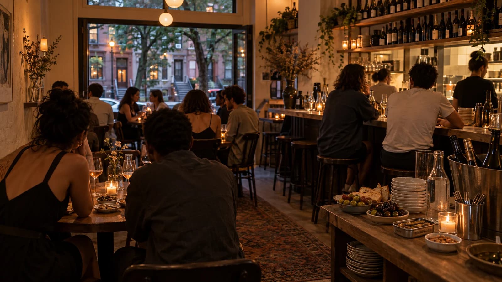 A warm Fort Greene wine bar with neighborhood patrons, bottles, small plates and reusable serviceware