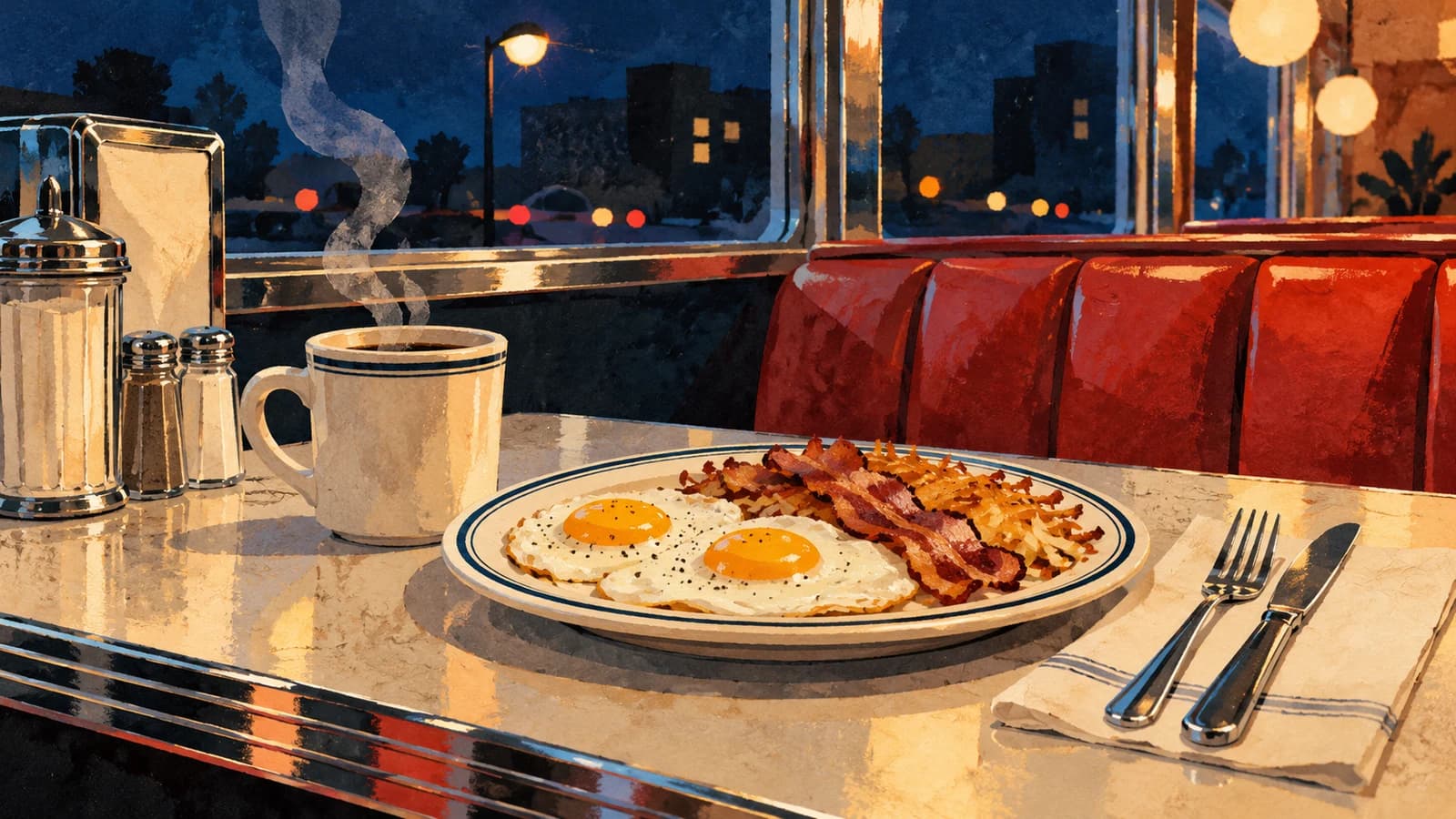Conceptual editorial illustration: a diner breakfast and coffee after dark