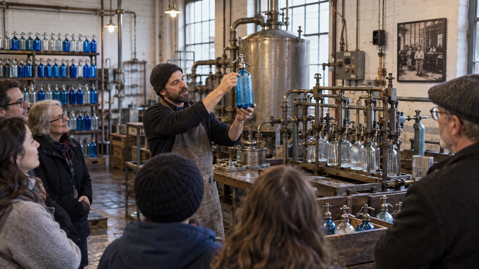 Original editorial image of a guide demonstrating a blue siphon bottle inside a working Brooklyn seltzer factory