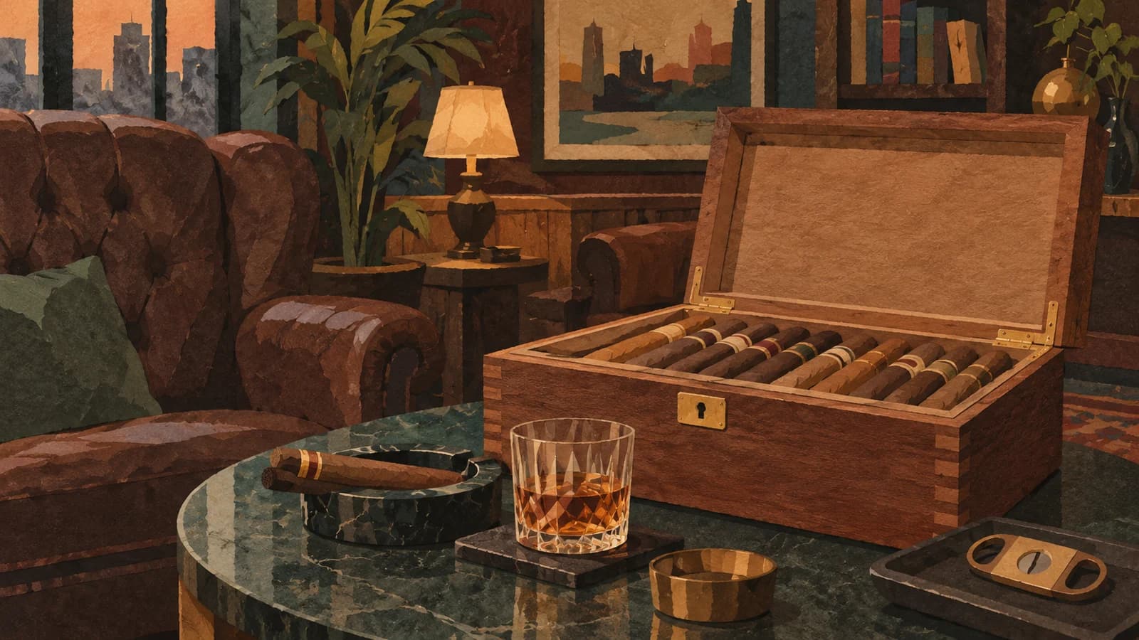 Conceptual editorial illustration for Diamante’s Brooklyn Cigar Lounge; not a documentary depiction of the establishment.