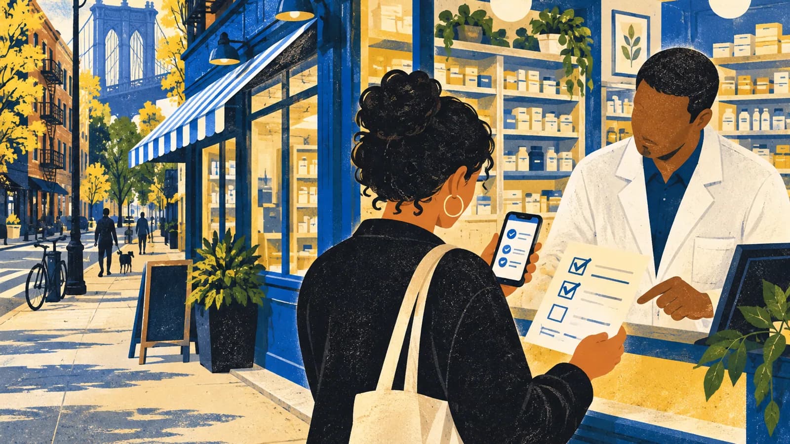 Customer and pharmacist reviewing a service checklist inside a generic Brooklyn pharmacy