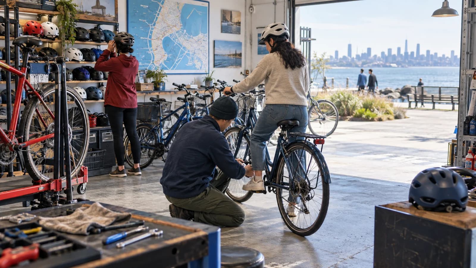 Original editorial scene of a bike fitting, helmet selection and repair service beside a Brooklyn waterfront route
