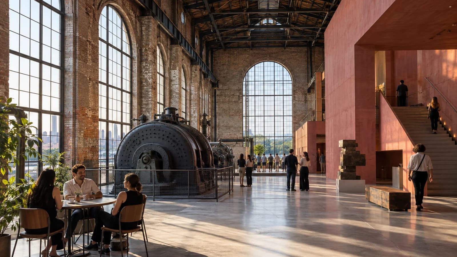 Original editorial image of visitors in the restored industrial lobby at Powerhouse Arts in Gowanus