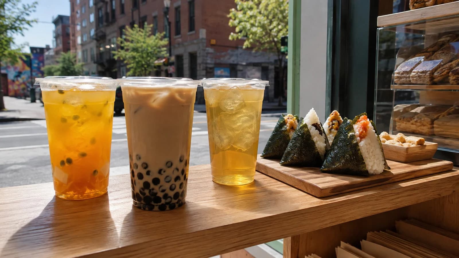 Fruit tea, milk tea with tapioca pearls, jasmine tea, and triangular onigiri at a Downtown Brooklyn counter