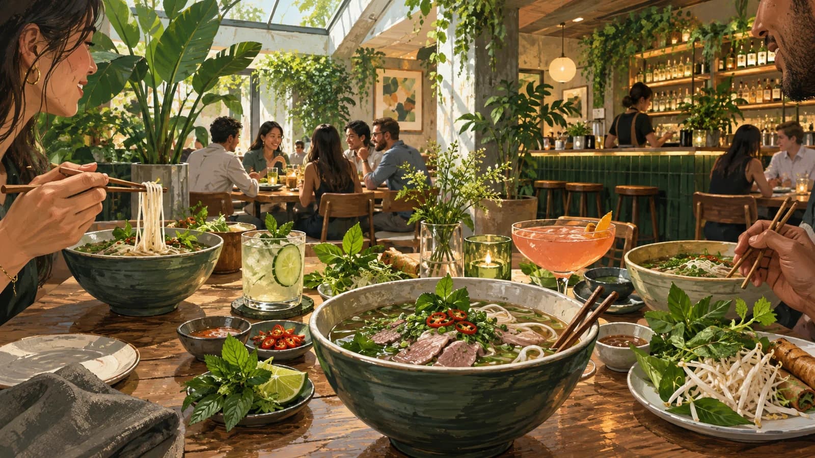 Original editorial illustration of a verdant modern Greenpoint dining room with pho, herbs, cocktails and shared plates.