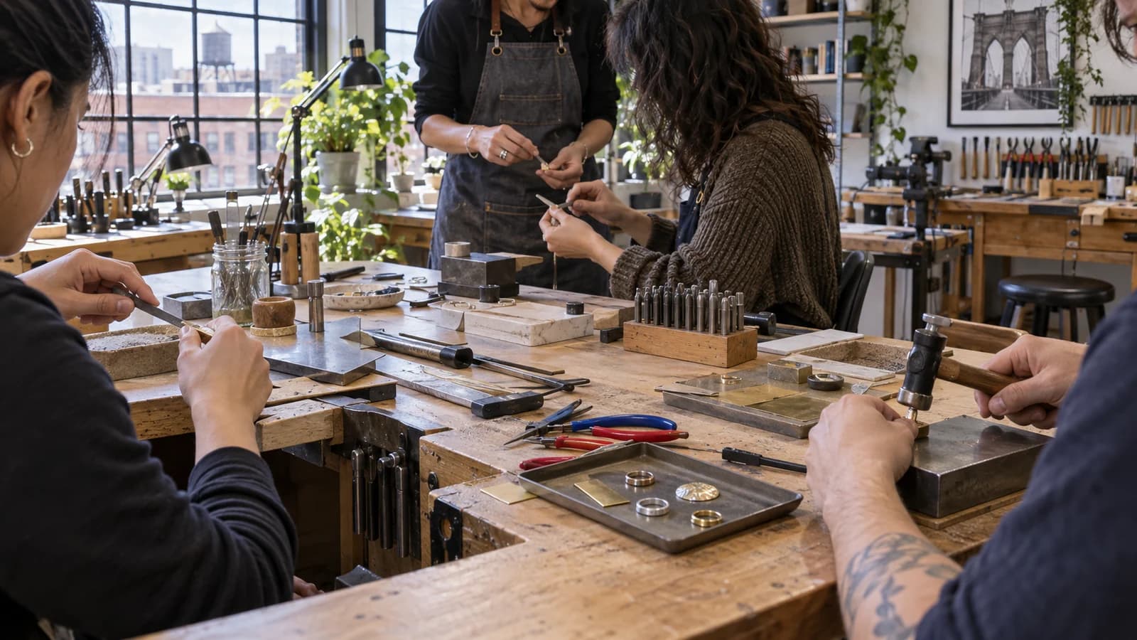 Original editorial image of adult beginners using hand tools at shared jewelry workbenches in a bright Prospect Heights metalsmithing studio