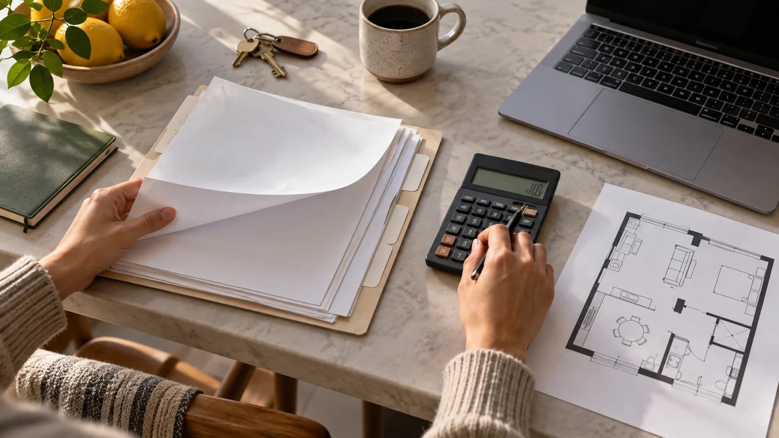 Hands reviewing blank rental papers, a calculator, keys and an apartment floor plan on a table