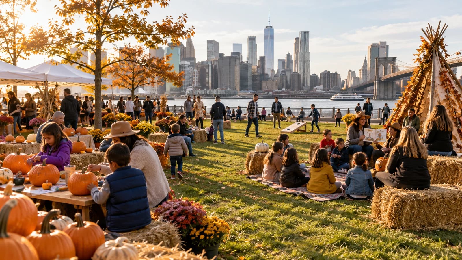Original editorial scene of families enjoying pumpkin crafts, stories and lawn games at a Brooklyn waterfront fall festival