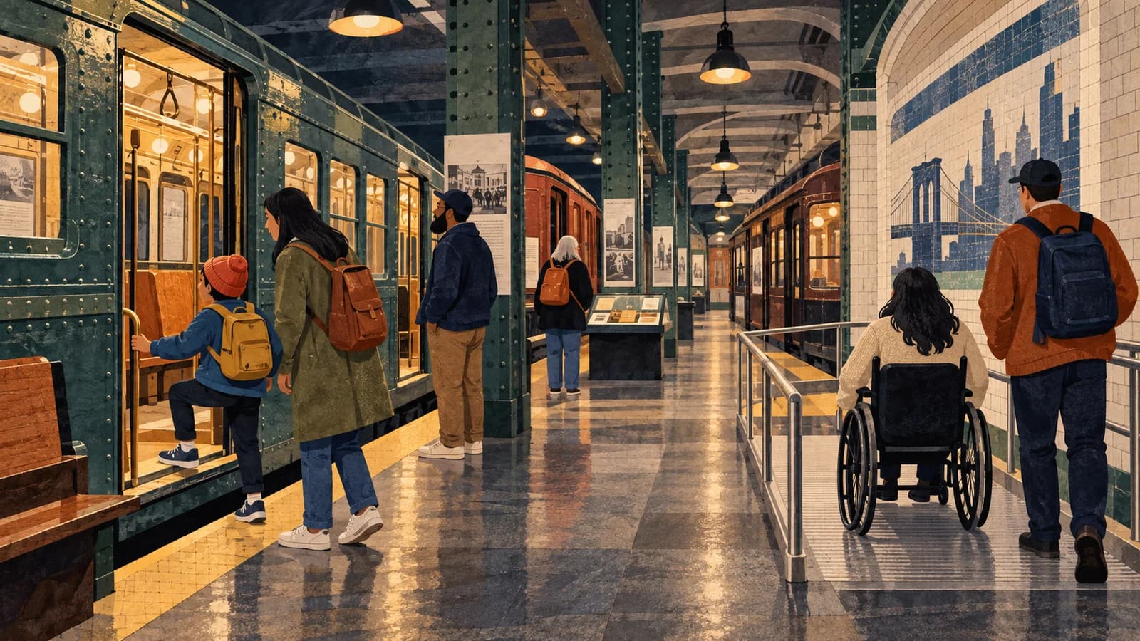 Original editorial illustration of visitors exploring historic subway cars inside a decommissioned Brooklyn station museum.