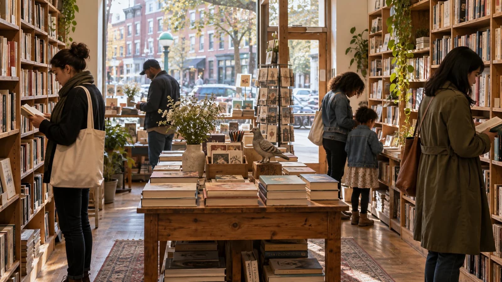 Warm independent bookstore with wood shelves, a central display table, neighborhood browsers, and a parent and child selecting books