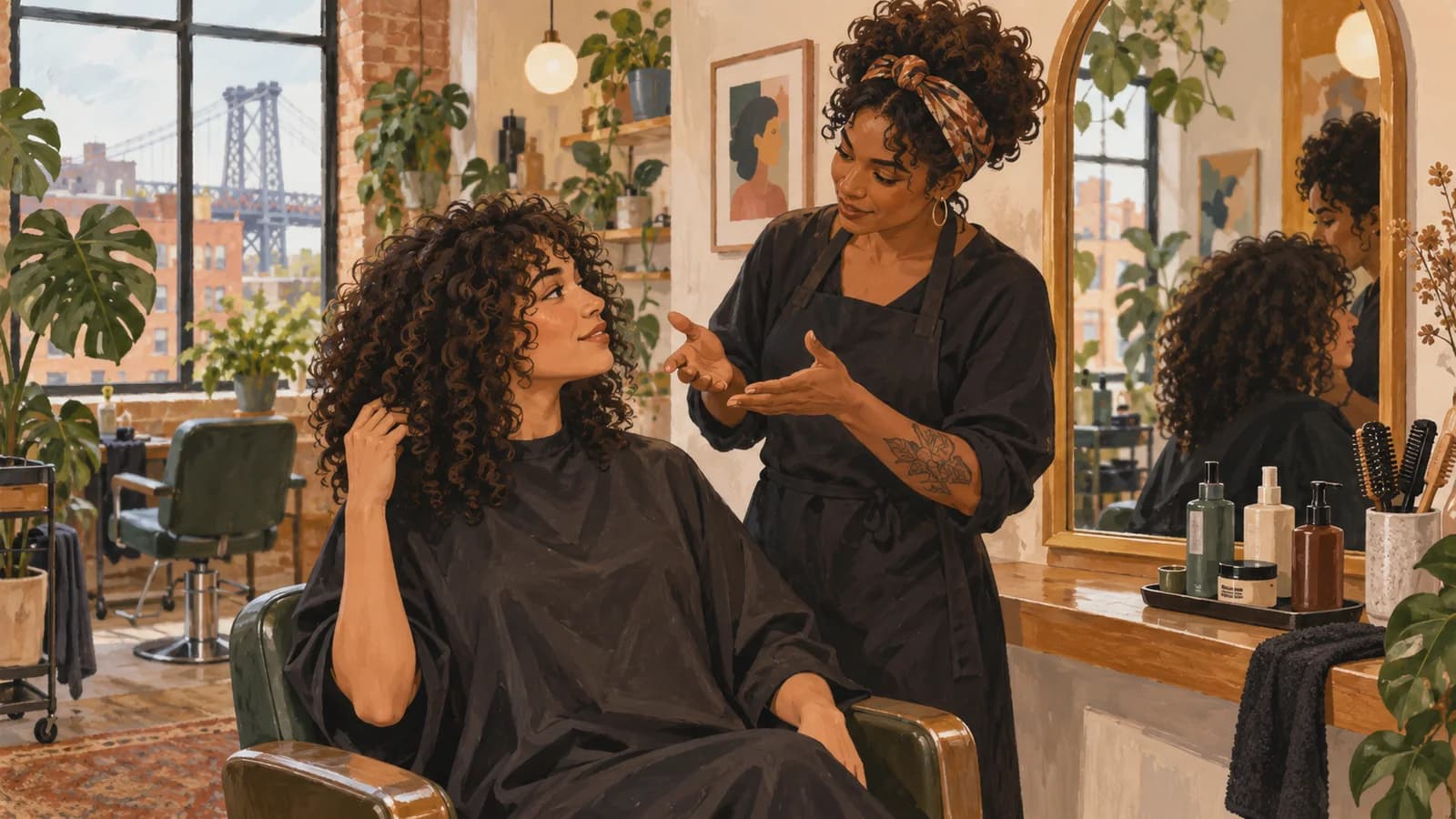 Conceptual editorial illustration of hair salon planning in Brooklyn; not a documentary depiction of the venue.