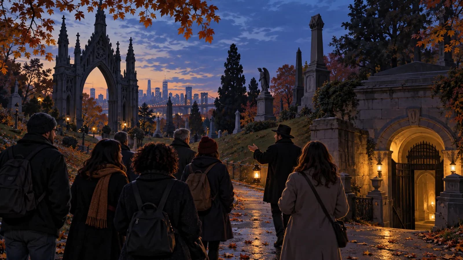 An illustrated evening walking group in Green-Wood Cemetery near the Gothic arch and a warmly lit catacomb entrance.
