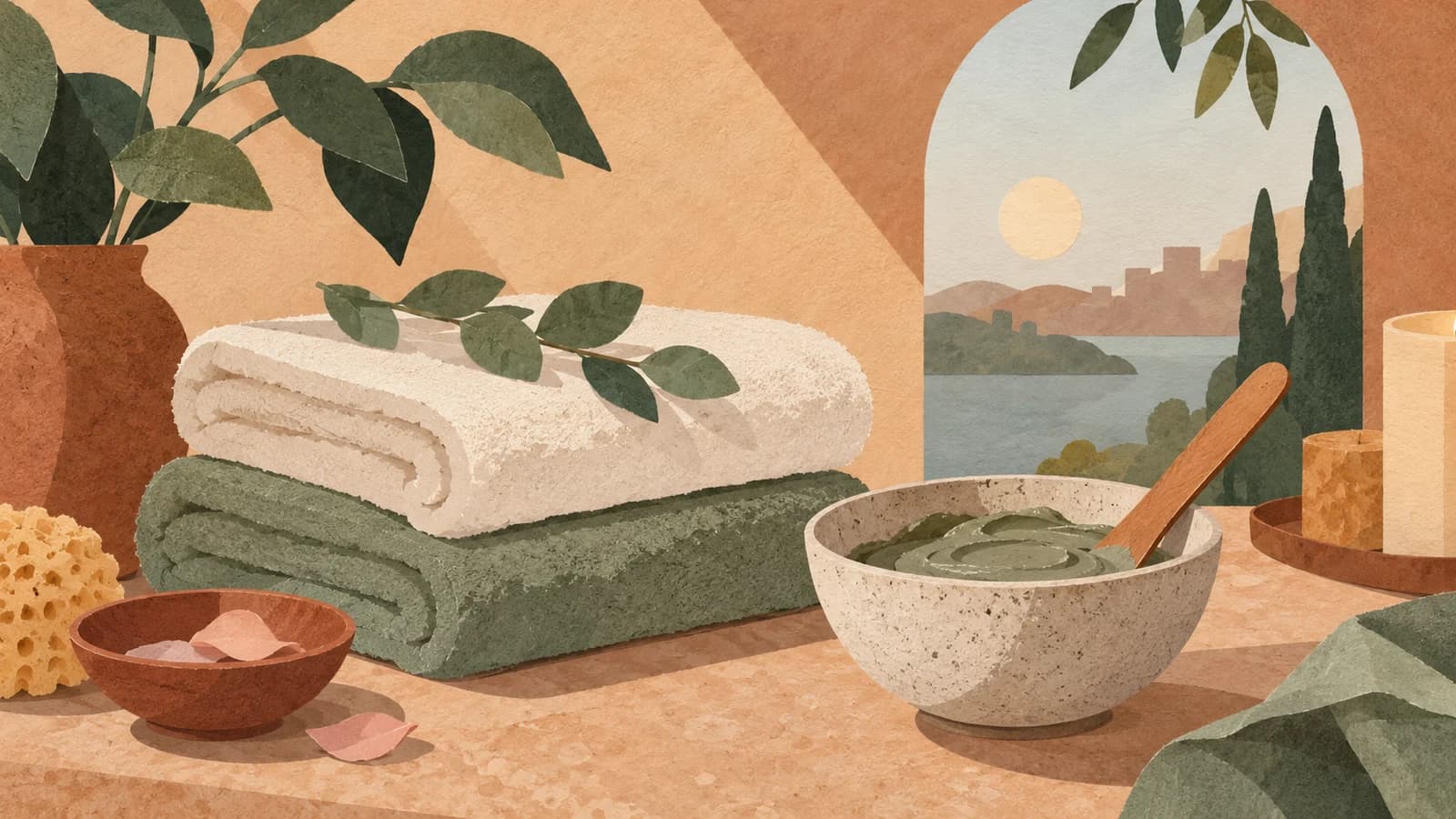 Conceptual editorial illustration for Tres Belle Spa; not a documentary depiction of the establishment.