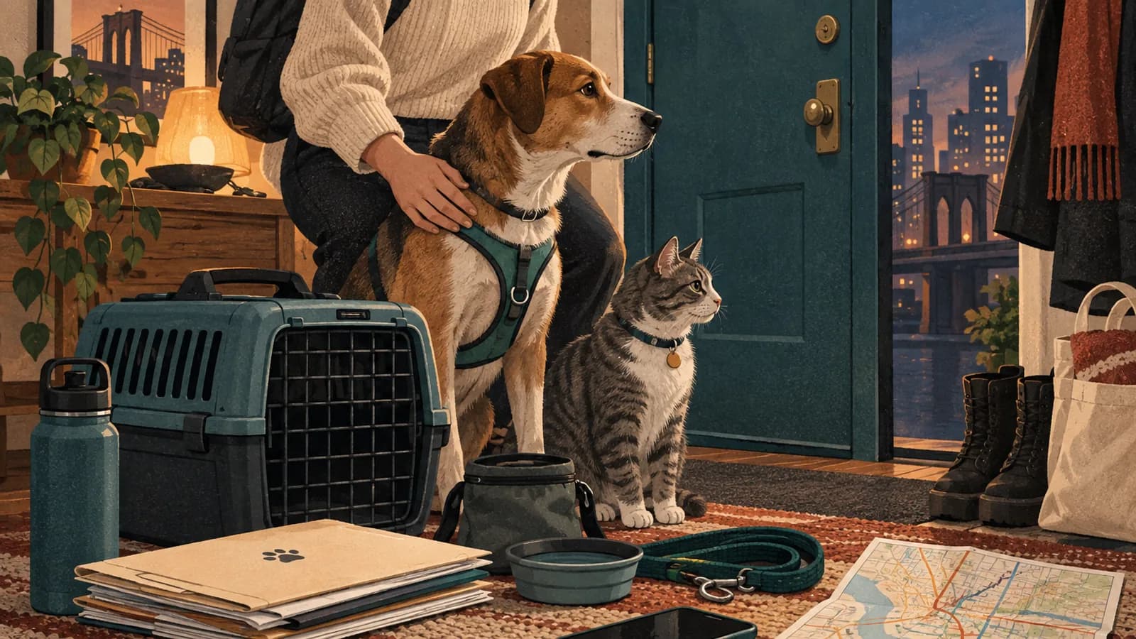 Pet carrier, leash, records and route map prepared near a Brooklyn apartment door