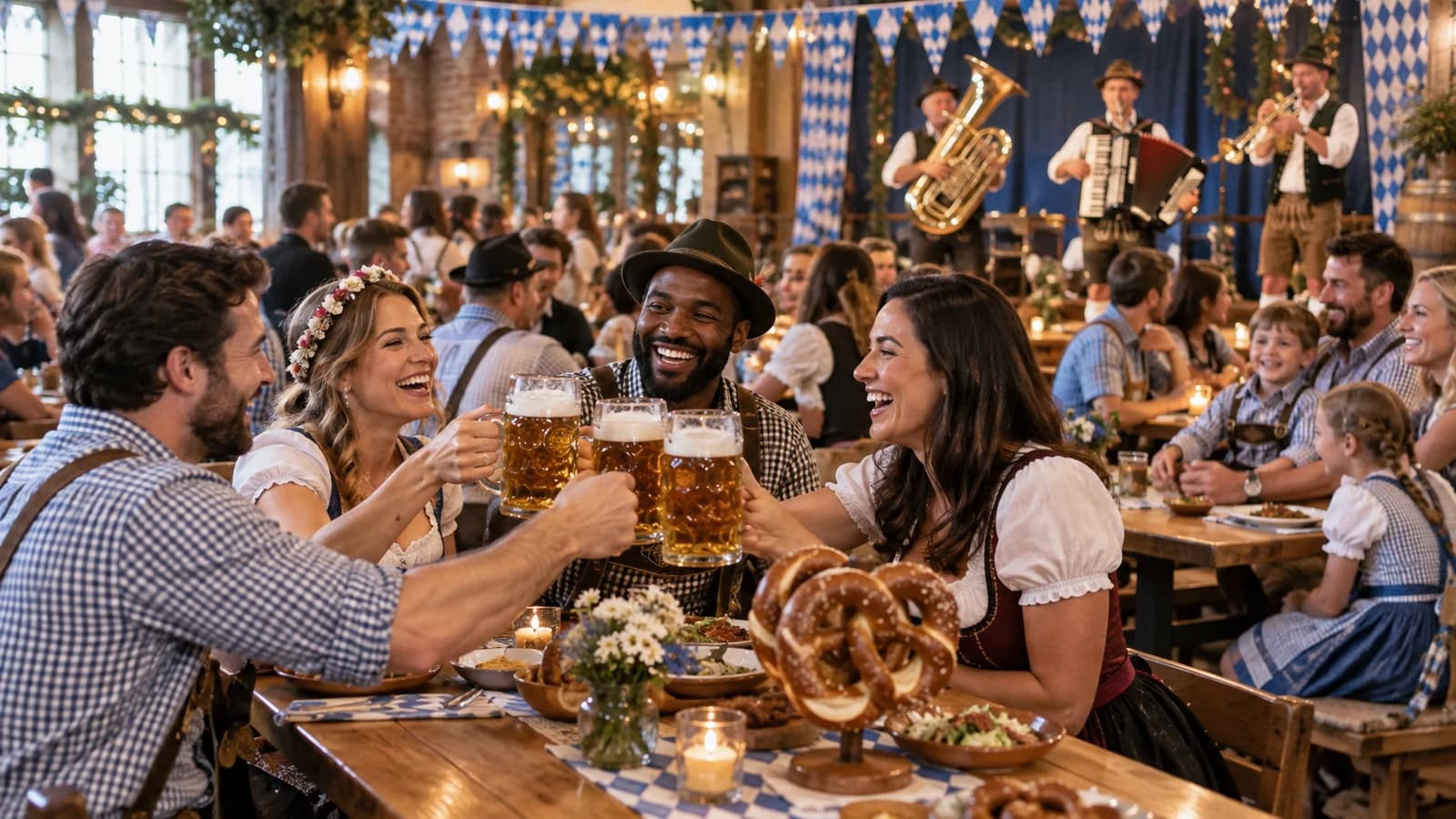 Original editorial scene of friends and families sharing pretzels and steins while a small brass band plays in a Brooklyn beer hall