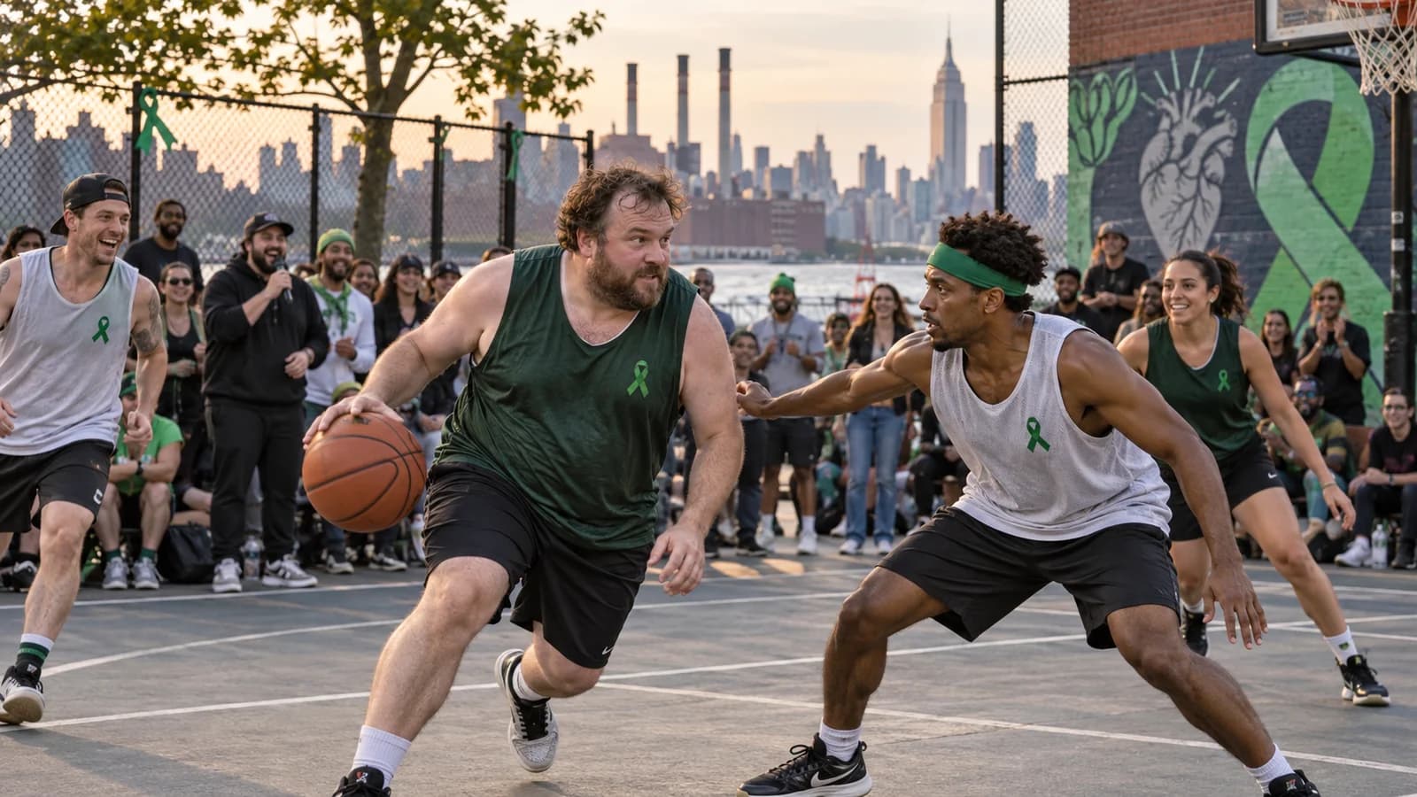 Three-on-three charity basketball game with a Greenpoint crowd and green awareness ribbons
